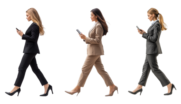 Three businesswomen in different colored suits walking while using smartphones. Isolated on a transparent background. Professional communication and business concept. Design for corporate, technology