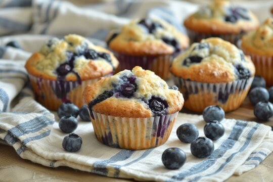 Freshly baked blueberry muffins cooling on a blue and white striped napkin, ready to be enjoyed