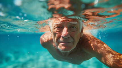 portrait of senior man underwater
