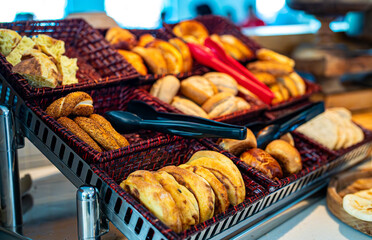 Various types of bakery products on the table.