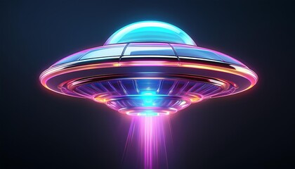 Neon UFO with a glowing beam of light