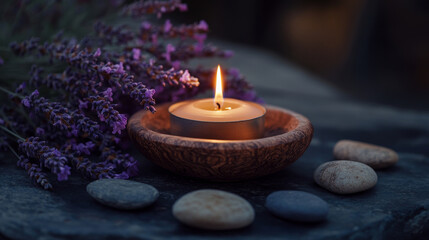 Lit spa candle with lavender flowers and smooth stones.