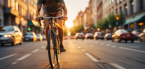 Cyclist or commuter who travels around the city by bike in summer, goes to work, does errands or shopping