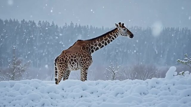 a giraffe in the snow with snowfall footage