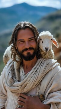 Biblical illustration, Jesus Carrying Lamb on His Shoulders