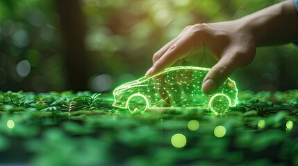 Man pushing green car button. Concept of e-mobility, clean green energy concept, EV car