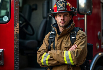 American firefighter beside a fire truck, dramatic light and shadows, blurred background, and space for text.







