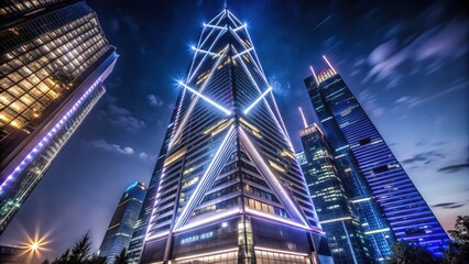 Fototapeta premium Modern Skyscrapers Illuminated at Night in a City