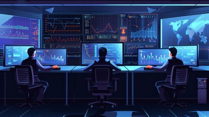 Professional data scientists in a dark control room analyzing technical neural data and infographics on desktop computers with multiple screens displaying charts, graphs, and advanced analytics in a h