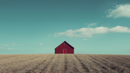 An old barn stands in a green field under a blue sky with white clouds