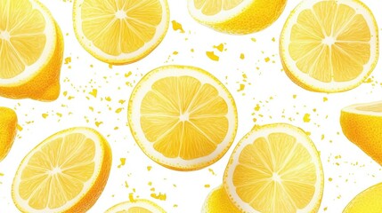A vibrant pattern of lemon slices on a white background, showcasing freshness and zest.