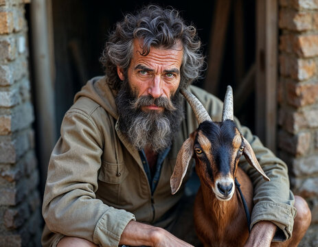 Portrait of a scruffy man with a goat, street photography