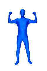 Blue man cheers with hands raised