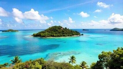 Naklejka premium Tropical Island with Lush Vegetation and Azure Waters