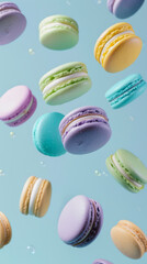 Obraz premium Floating Pastel Macarons on Light Blue Background