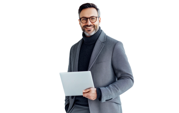 businessman holding a tablet isolated on white