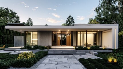 This modern single-story house emphasizes minimalism and spaciousness, with large glass windows harmonizing with the natural surroundings.