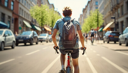 Cyclist or commuter who travels around the city by bike in summer, goes to work, does errands or shopping