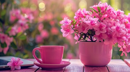 Azalea flowers in decorative pot with pink cup and laptop on stylish desk - elegant workspace setup with fresh blooms, perfect for home office or blogging templates