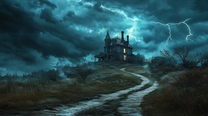 Fototapeta premium Haunted Mansion in Stormy Night - Eerie Scene of Spooky House with Lightning Strikes on Dark Sky
