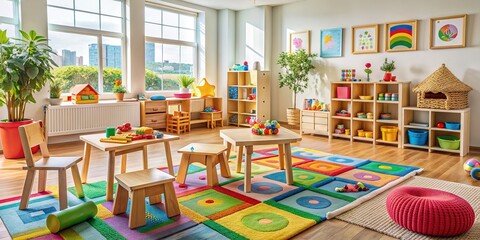 Colorful wooden toys and blocks scattered on a vibrant carpet, surrounded by tiny chairs and educational posters, in a cozy and organized children's playroom setting.