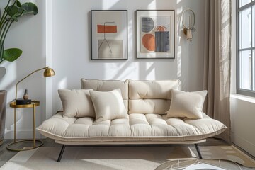 Modern light beige sofa bed with black metal frame in elegant living room with contemporary art and gold side tables, Nikon D850 shot.