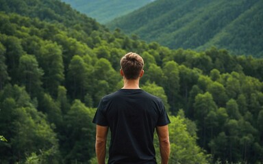 mock up of a man wearing a plain black t-shirt from behind, with a mountain forest background with dense green trees, Ai generated Images
