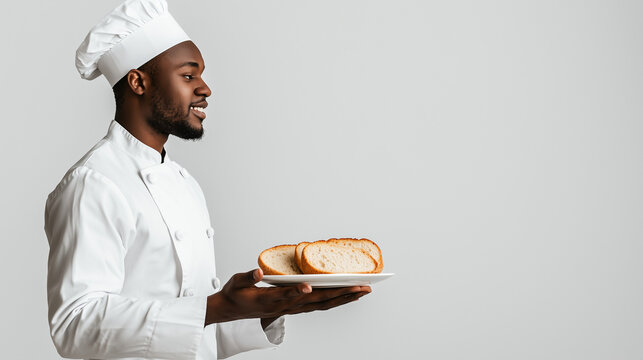 African American chef in a white uniform holding a plate of freshly baked bread, showcasing culinary expertise and craftsmanship in a professional kitchen setting. - Powered by Adobe