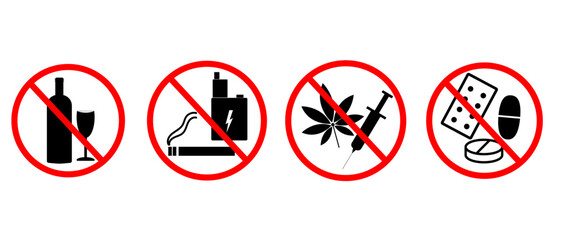Prohibitory signs. Set of prohibitory signs isolated on white background in red circles. Vector illustration.