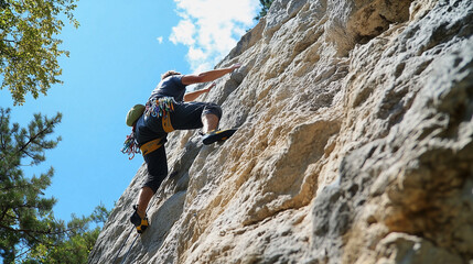 A dedicated climber scales a challenging rocky surface, capturing the essence of adventure and determination under a bright blue sky. Perfect for themes of outdoor sports and personal challenge.
