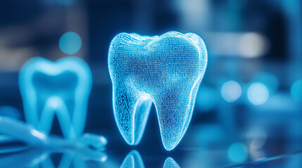 A glowing digital tooth model presented in a modern, high-tech dental clinic environment. The image symbolizes advanced dental technology and innovation in dental care.