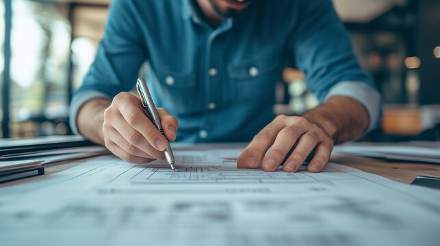 Focused engineer working diligently on a blueprint at a desk in a modern office setting, showcasing determination and professional skill.