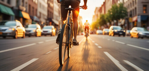 Cyclist or commuter who travels around the city by bike in summer, goes to work, does errands or shopping