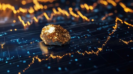 A shimmering gold nugget rests on a digital financial chart, symbolizing wealth, investment, and market dynamics.