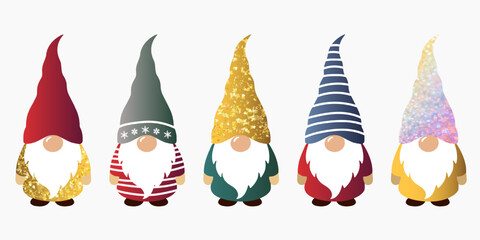 Chrismas gnomes collection. Cute elves in colorful clothes. Winter characters gnomes. Golden hats.