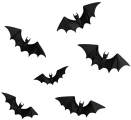 A collection of flying bats in silhouette over a transparent background, perfect for Halloween or spooky-themed designs. cut out, PNG.