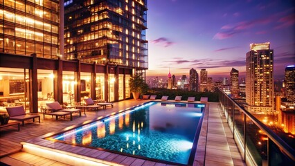 Obraz premium Rooftop Infinity Pool with City Skyline at Dusk