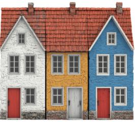Colorful row of houses with unique designs, showcasing vibrant exteriors and charming details. cut out, isolated on transparent background.