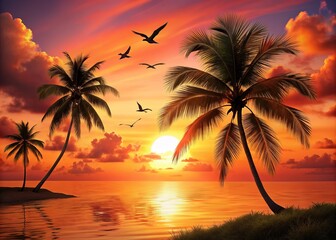 Vibrant orange and pink hues illuminate the serene coastal scene, featuring a majestic palm tree silhouette against a radiant sunset with birds in flight.