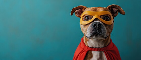 Playful dog in a superhero mask and cape, posed confidently against a vibrant blue background
