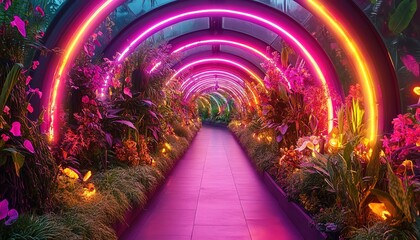 Vibrant tunnel of exotic plants with neon lights in a futuristic garden