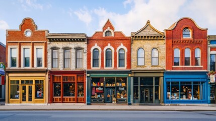 Colorful historic storefronts line a quaint street under a clear sky, showcasing charming small...