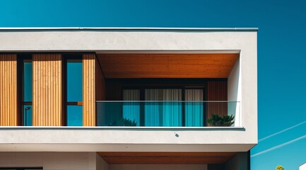 A sleek and modern building with stylish wooden accents and a glass balcony, set against a backdrop of clear blue sky and minimalistic design.