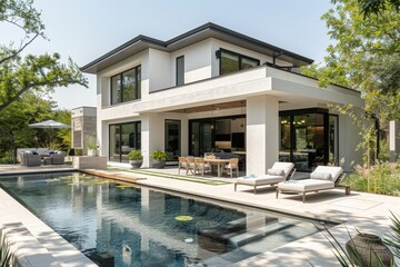 Fototapeta premium Modern two-story house with elegant pool, wood accents, large windows, and glass doors, Canon EOS R5 photo.