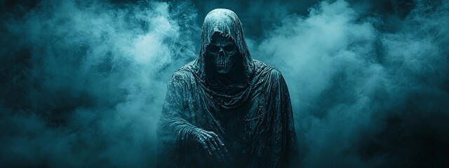 Eerie grim reaper emerging from smoke, perfect for Halloween promotions, invitations, or spooky events with copy space.