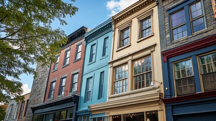 Obraz premium Colorful row of historic buildings against a bright blue sky with a tree in the foreground, showcasing vibrant urban architecture.