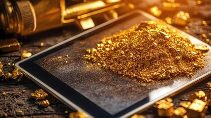 Close-up of gold dust on a tablet, highlighting luxury and wealth. Perfect for financial or treasure-related themes.