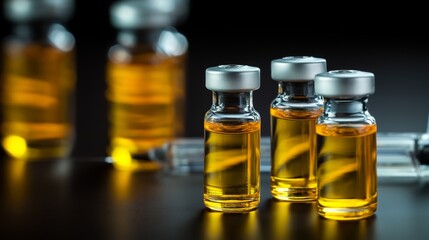 Close-up of vials filled with a yellow liquid alongside a syringe.