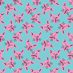 Pattern with Funky cat with a lovely face. Freaky comic cat face. Bizarre Valentines Day pattern in modern doodle style. Vector illustration