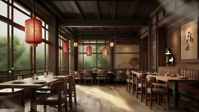 Cafe restaurant in the countryside with a Chinese concept, wooden floors and walls. Seamless 4K looping timelapse video animation background